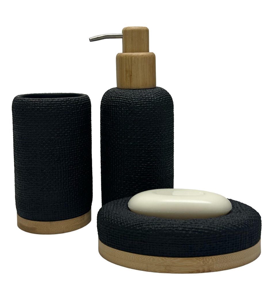 Black Lava, dettaglio set dispenser bicchiere portasapone
