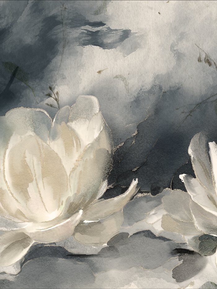 Fleur du Lac, carta da parati con magnolie bianche su fondo blu-grigio
