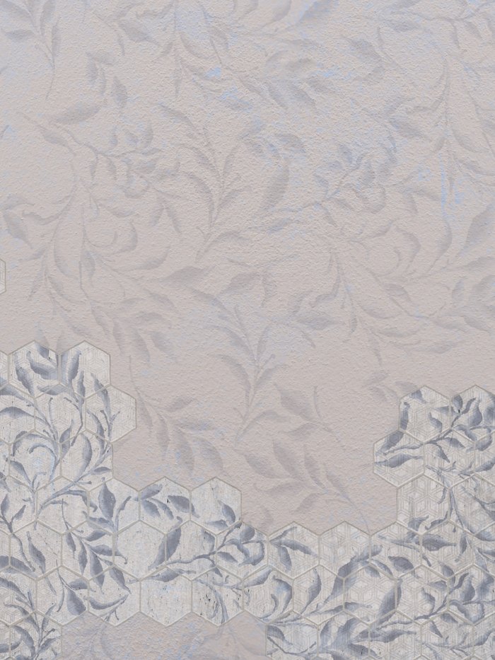 Nature Tiles, carta da parati con esagoni e fogliame in cipria e blu polvere