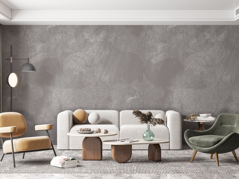 Ambiente living con carta da parati Kit'em
